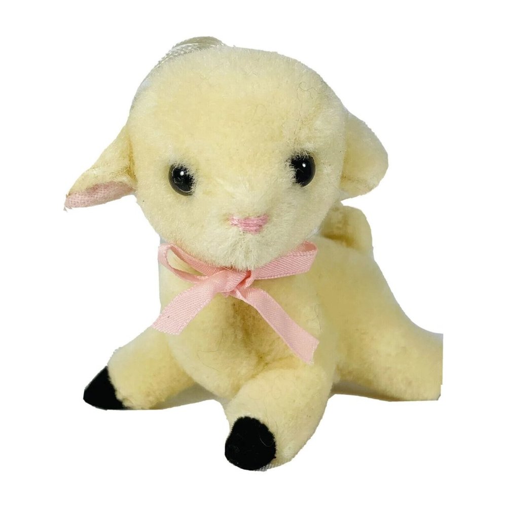 R Dakin Wool Pile Lamb 3.5” Mini Plush Ornament Sheep With Pink Bow Vintage